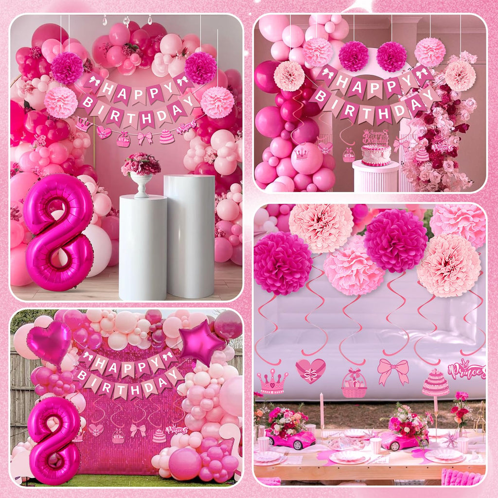8th Birthday Decorations for Girls, Pink Party Decorations with Number 8 Balloon Happy Birthday Banner Bday Sash Crown Tablecloth Fringe Curtain Hanging Swirl for 8 Balloons for Bday Girl