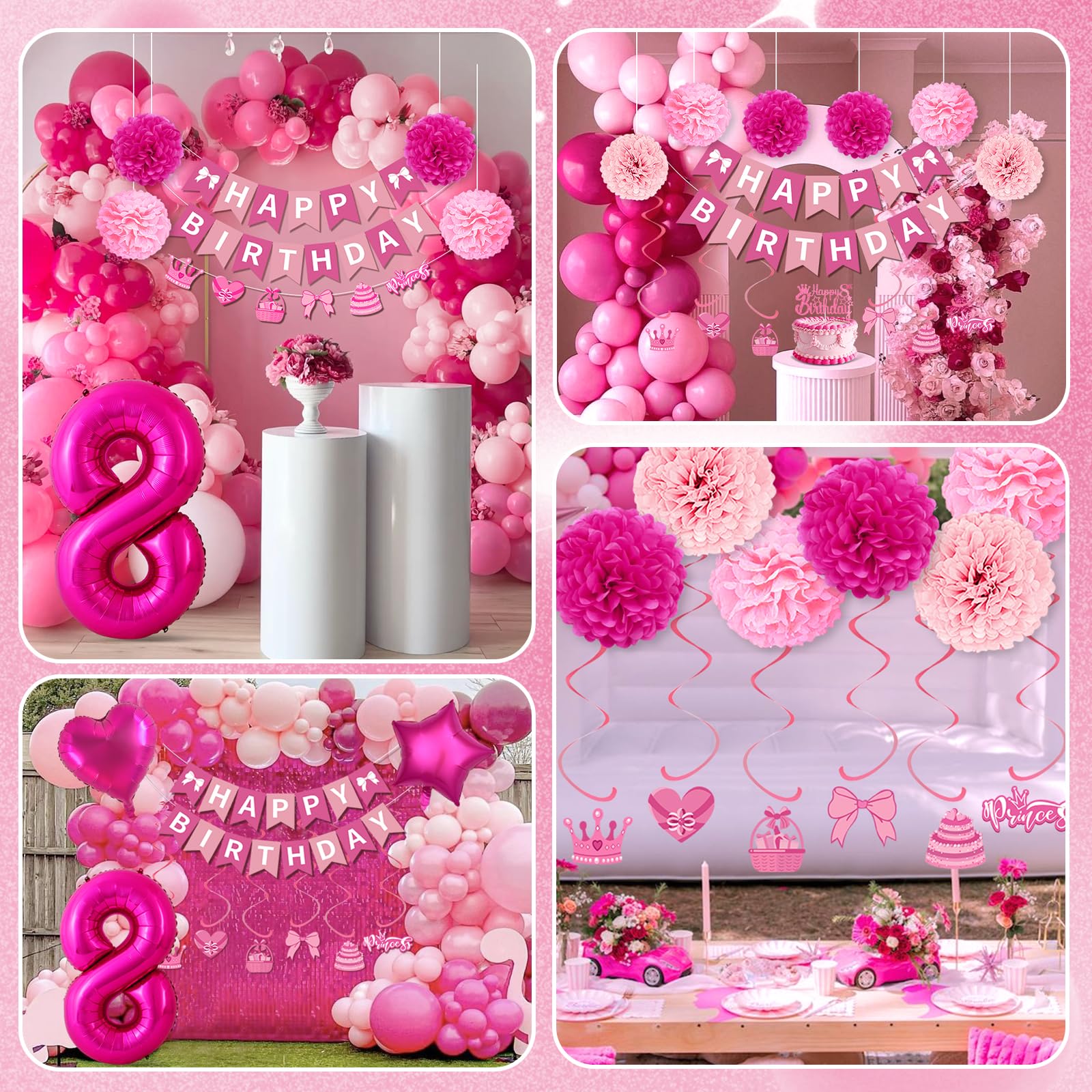 8th Birthday Decorations for Girls, Pink Party Decorations with Number 8 Balloon Happy Birthday Banner Bday Sash Crown Tablecloth Fringe Curtain Hanging Swirl for 8 Balloons for Bday Girl