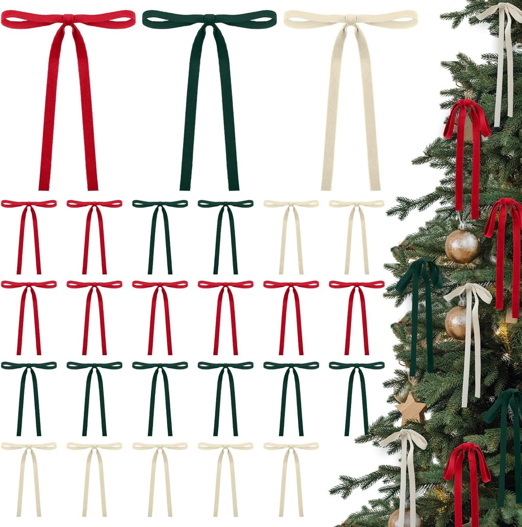 Skiennix Velvet Bows | 24 Pcs Vintage Double-Faced Ribbon Ornaments for Christmas Trees & Garlands | Red, Green, White (5 x 7 Inch, 3/8" Width)