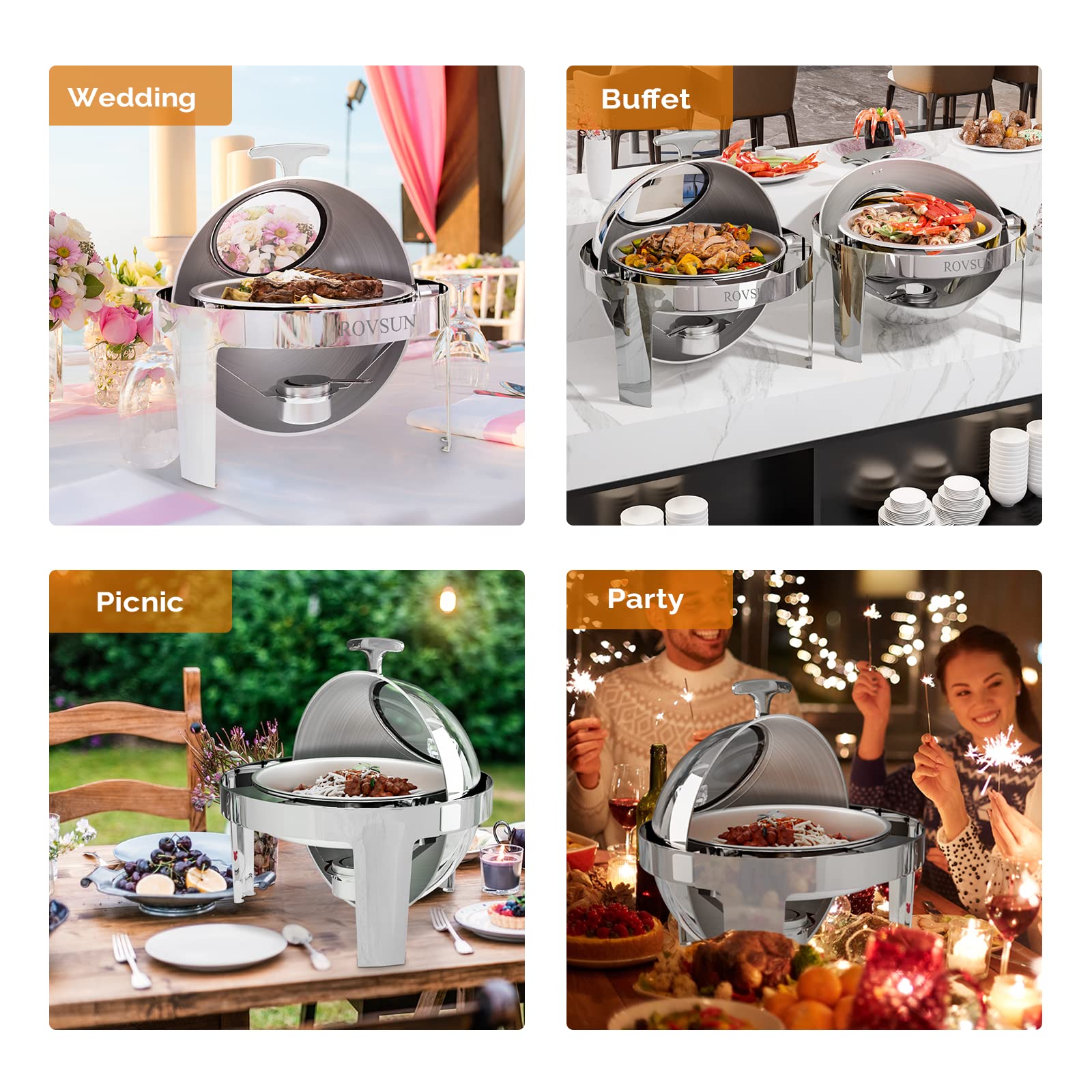 ROVSUN Roll Top Chafing Dish Buffet Set,6 QT Round Stainless Steel Chafer for Catering,Buffet Servers and Warmers Set with Glass Window for Weddings Party