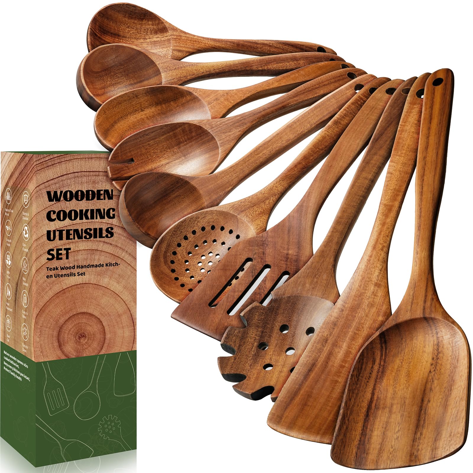 Terlulu 10 Pcs Wooden Spoons for Cooking, Natural Teak Wooden Kitchen Utensils Set, Durable Cooking Utensils Set with Comfort Grip for Cookware, Smooth Finish&NonStick& Heat Resistant Wooden Spatula