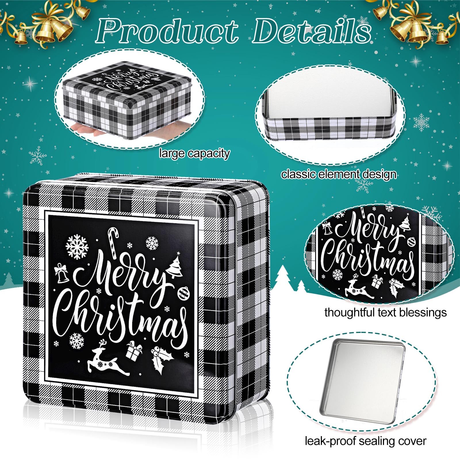 Tandefio 12 Pcs 6.3'' Christmas Cookie Tins Large Cookie Tins with Lids Square Baking Jars for Gift Giving Black and White Plaid Metal Container Holiday Empty Box for Xmas Candy Treat Storage