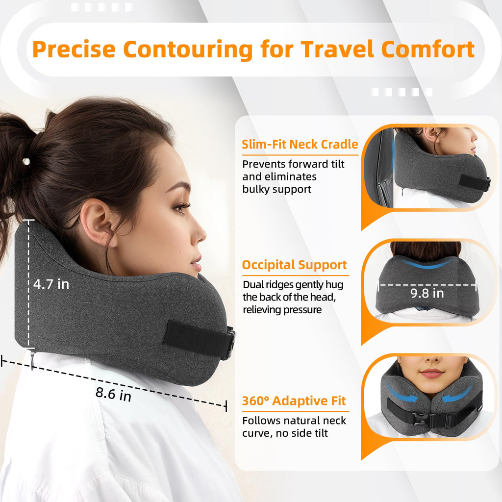 nadachi Neck Pillow Airplane Travel Set - Pure Memory Foam Travel Neck Pillow, Plane Pillow for Long Flights Essentials, Sleeping with 3D Contoured Eye Mask, Earplugs, Portable Bag (Darkgray-M)