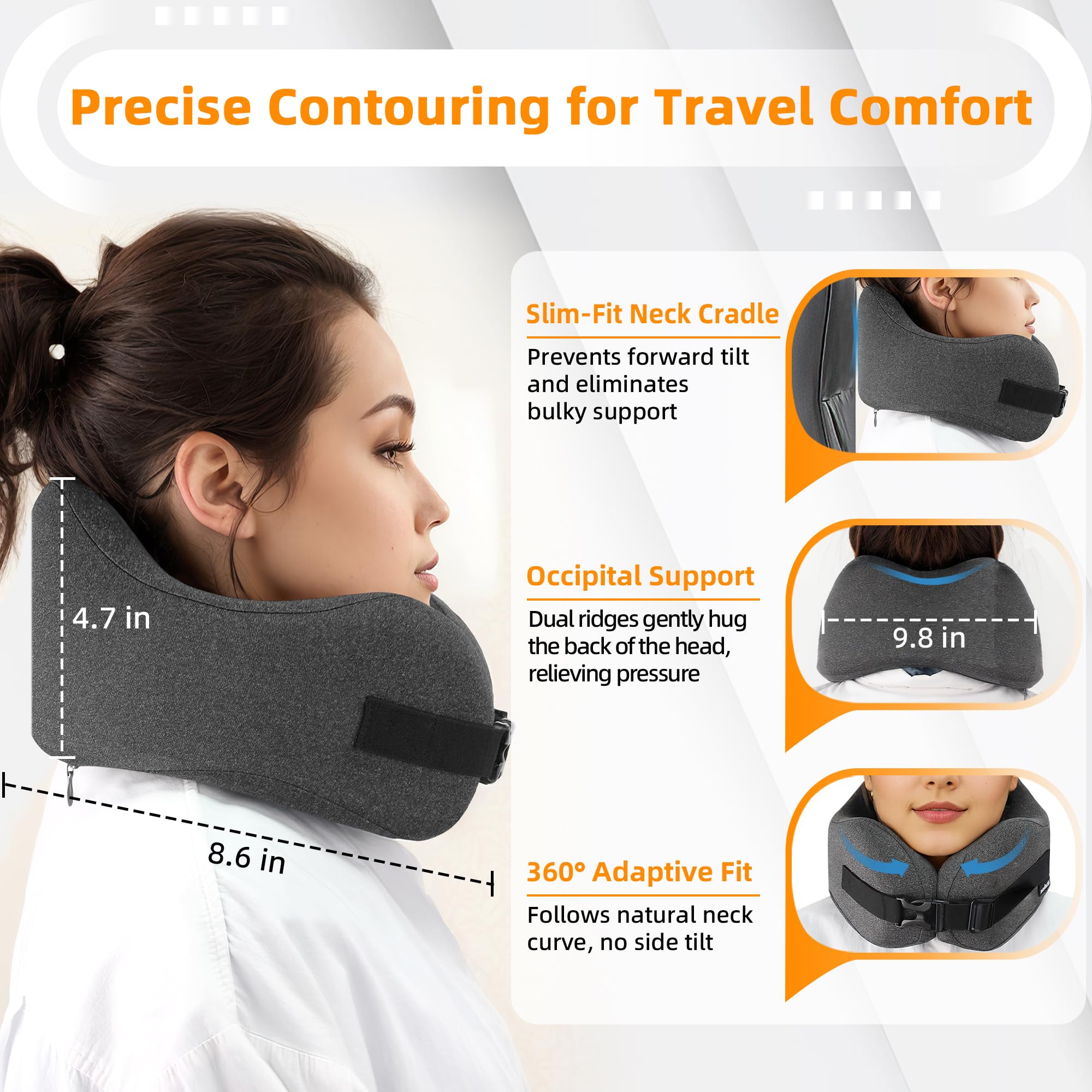 nadachi Neck Pillow Airplane Travel Set - Pure Memory Foam Travel Neck Pillow, Plane Pillow for Long Flights Essentials, Sleeping with 3D Contoured Eye Mask, Earplugs, Portable Bag (Darkgray-M)