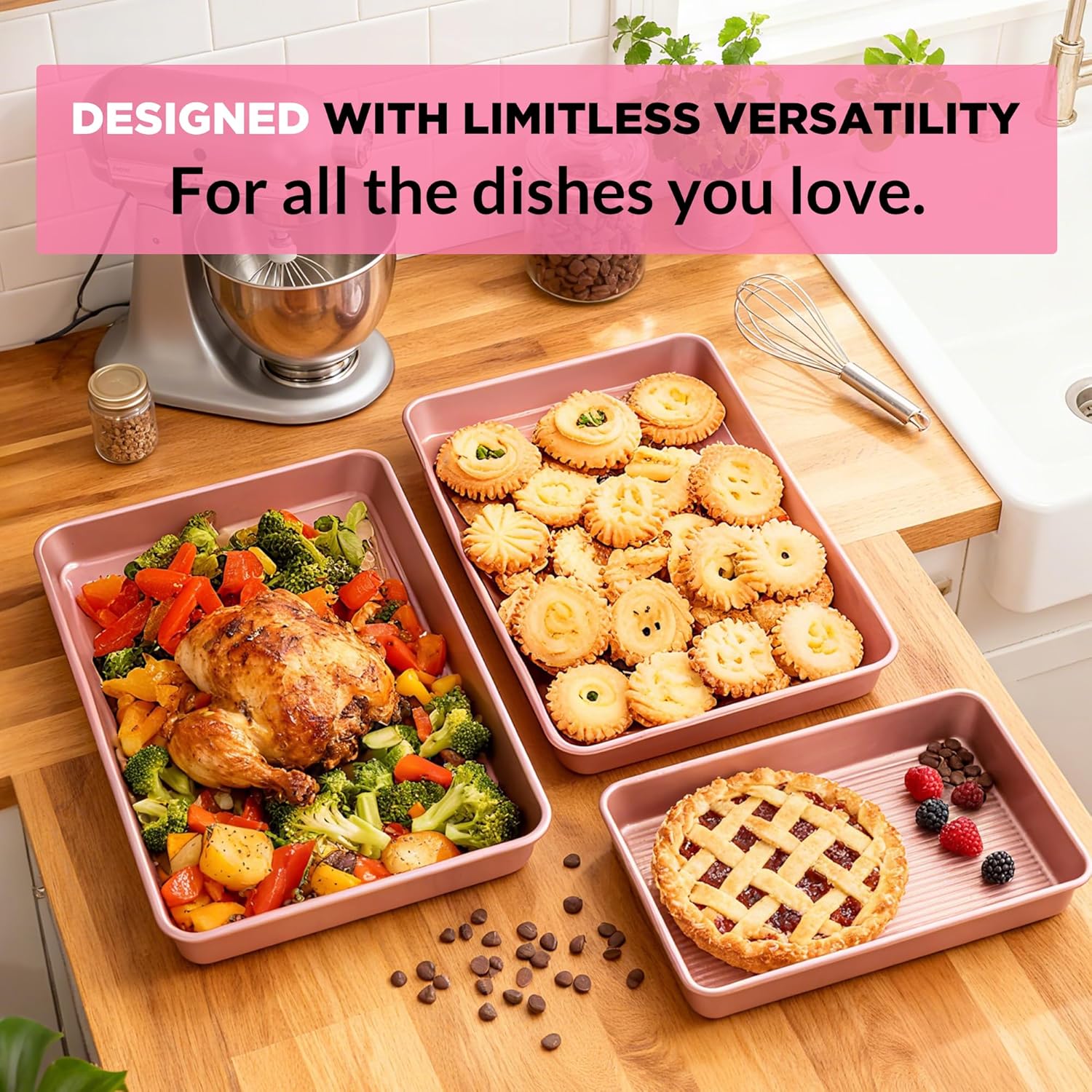 Professional Non-Stick Baking Sheets Set - 3-Piece Heavy Duty Carbon Steel Cookie Sheets | Oven Safe & Even Heating (Pink)