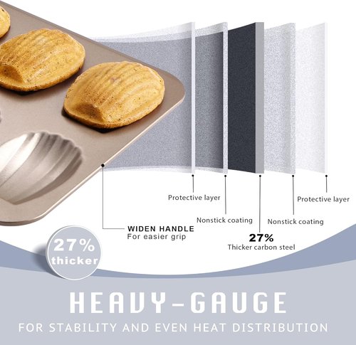 HONGBAKE Nonstick Madeleine Pan - 2 Pack 12-Cavity Heavy Duty Baking Trays | Champagne Gold Finish