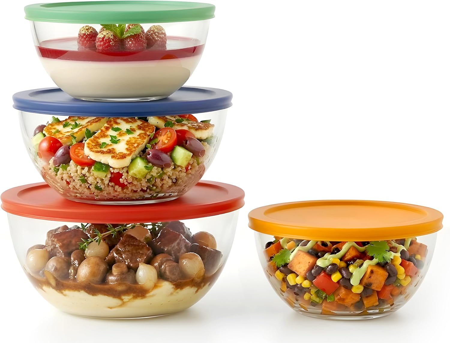NutriChef 4-Piece Glass Mixing Bowl Set - Premium Non-Toxic Borosilicate Bowls with Airtight Lids (1 QT-3.7 QT)