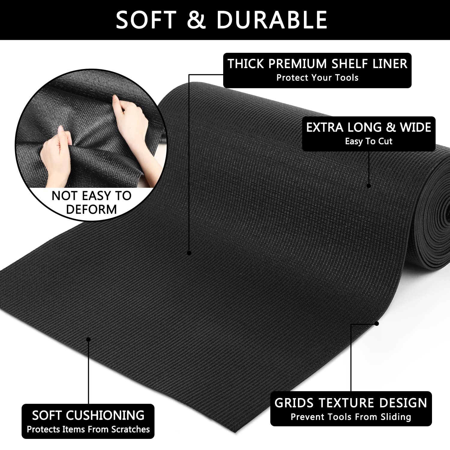 Foam Toolbox Liner Drawer Mat 1/8 Inch Thick X 20 Inch Wide X 24 Ft Long Black, No Slip for Protecting Cabinet, Garage, Cart, Tool Box