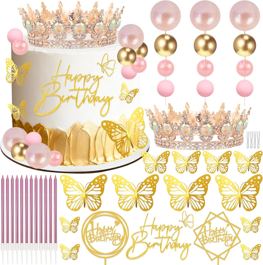 AMZVALU Crown Cake Topper Set - 3 Happy Birthday Decorations with Rose Gold Butterflies & Candles