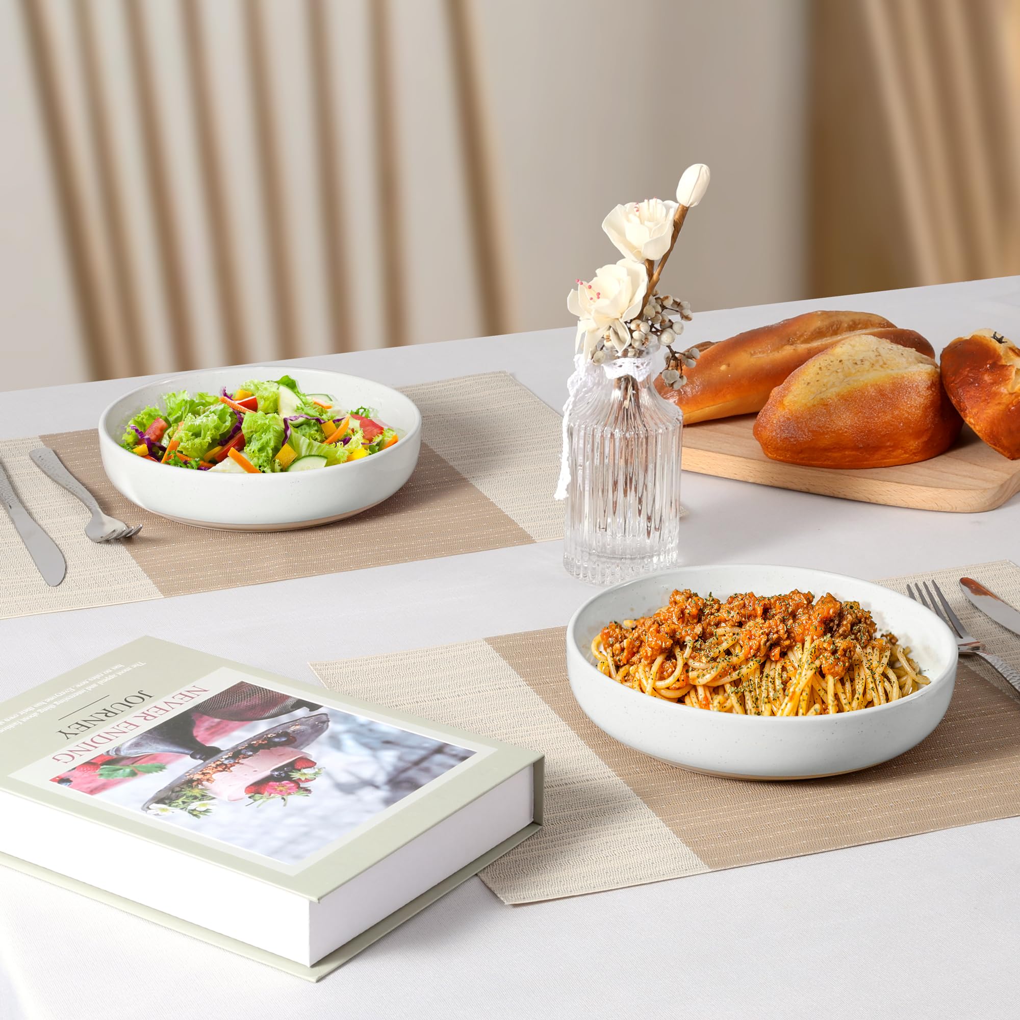 LIANYU 33oz Pasta Salad Bowls Set, Wide and Shallow Serving Bowls Set of 6, Deep Stoneware Plates for Serving Pasta, Noodle, Cereal, Non-Scratch, Three-color
