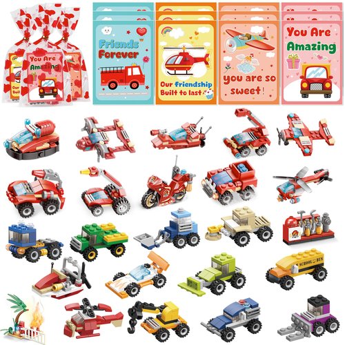 Lukfuu 24 Pack Valentines Day Gifts For Kids Classroom, Vehicles Car Building Blocks Toys with Valentines Cards for Kids Boys Girls Classroom Exchange School Rewards Party Favors Gifts