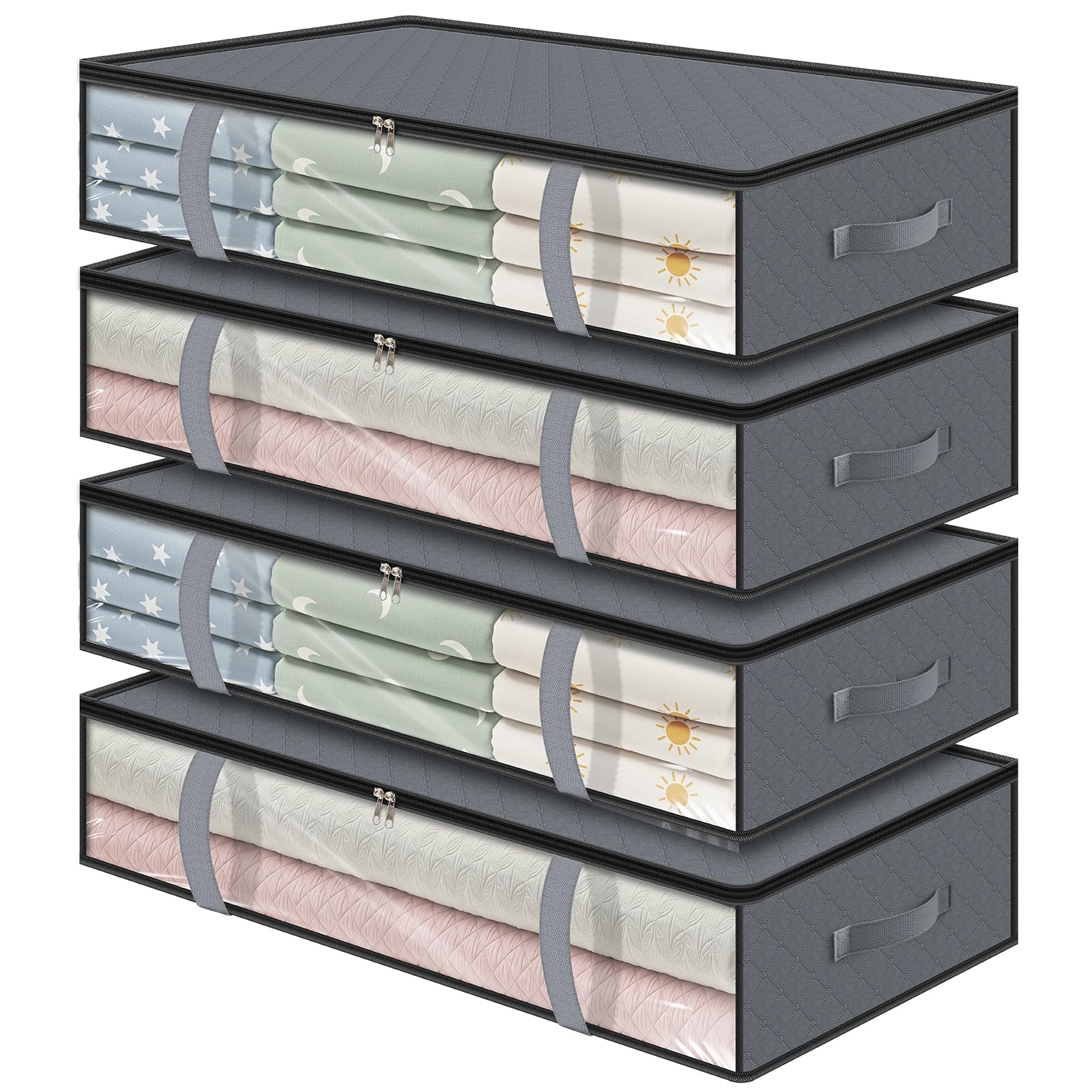LANDNEOO 4 Pack 90L Under Bed Storage Containers - Underbed Storage for Clothes, Blankets - Closet Organizers and Storage Bags - Under the Bed Storage Bins with Handles & Clear Front