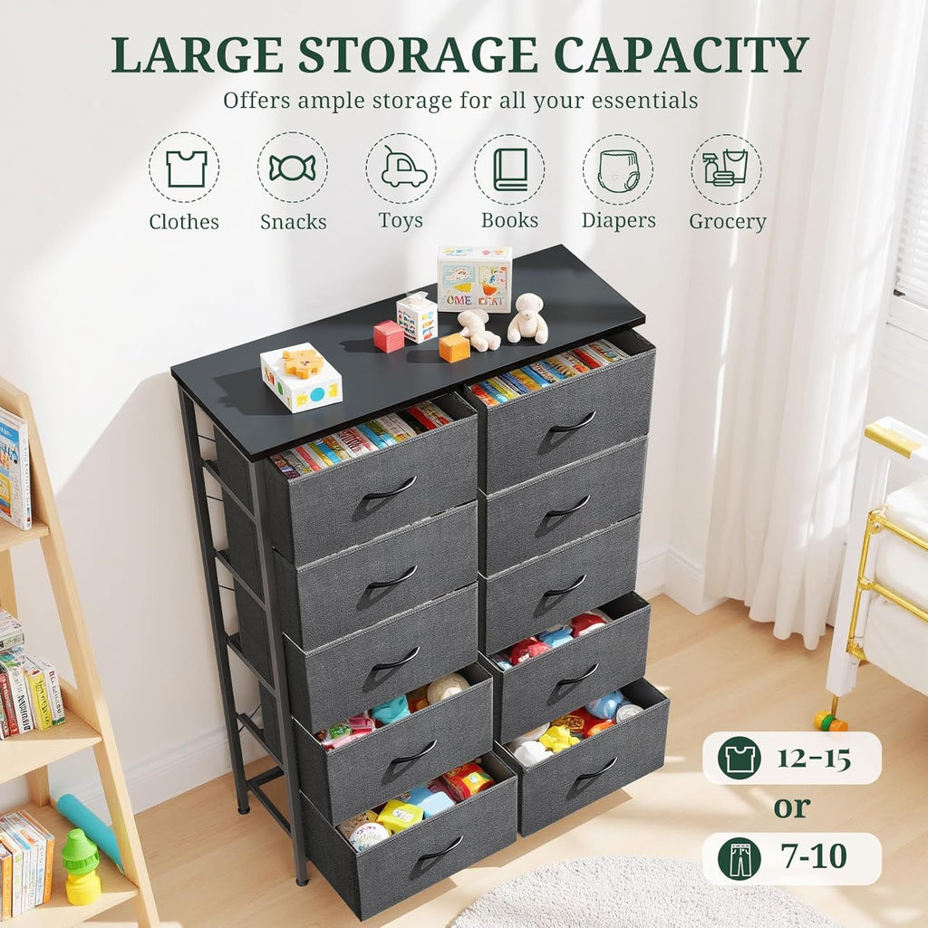 Skiennix 10-Drawer Dresser - Anti-Tip Tall Storage Organizer with Wooden Top & Metal Frame | Gray