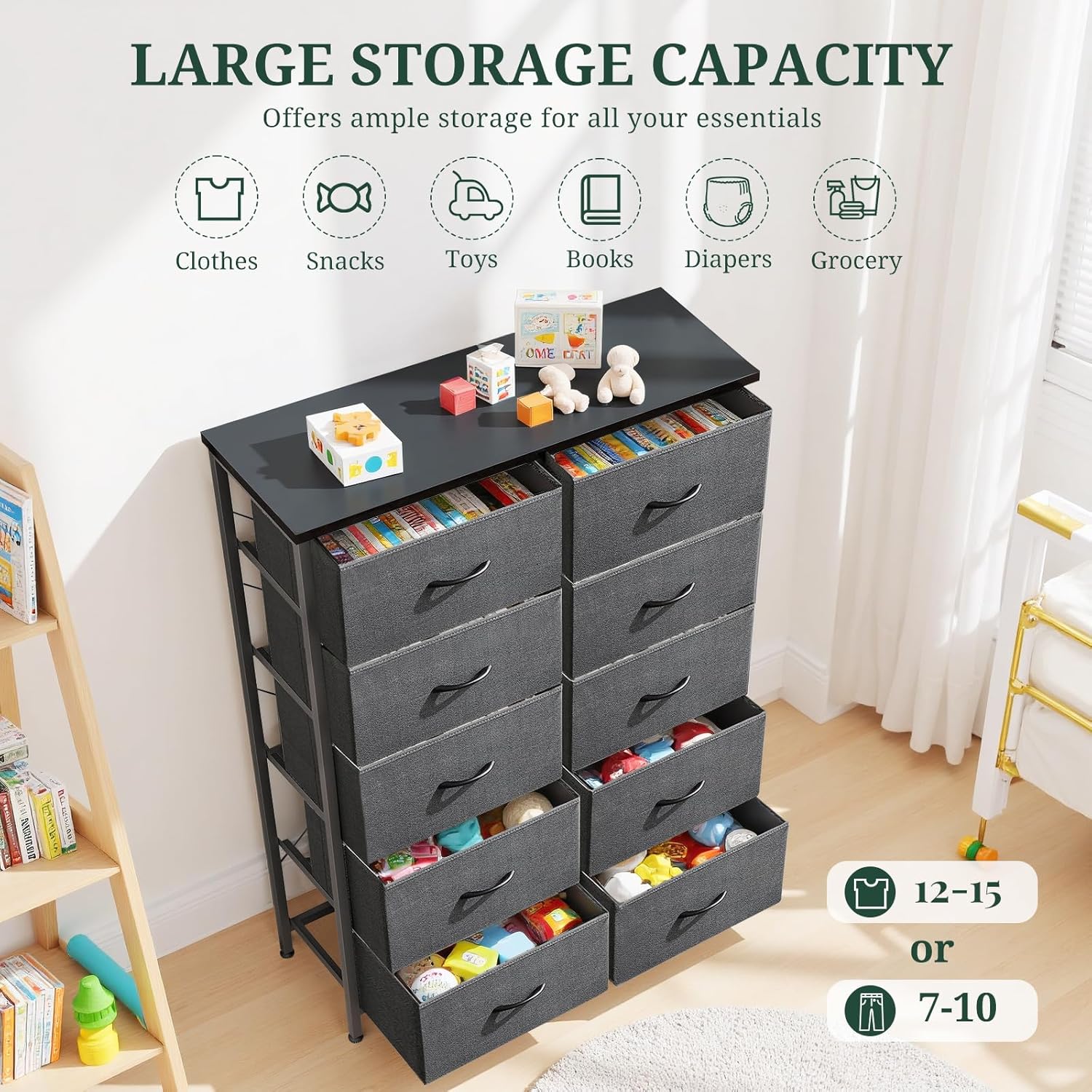 Skiennix 10-Drawer Dresser - Anti-Tip Tall Storage Organizer with Wooden Top & Metal Frame | Gray