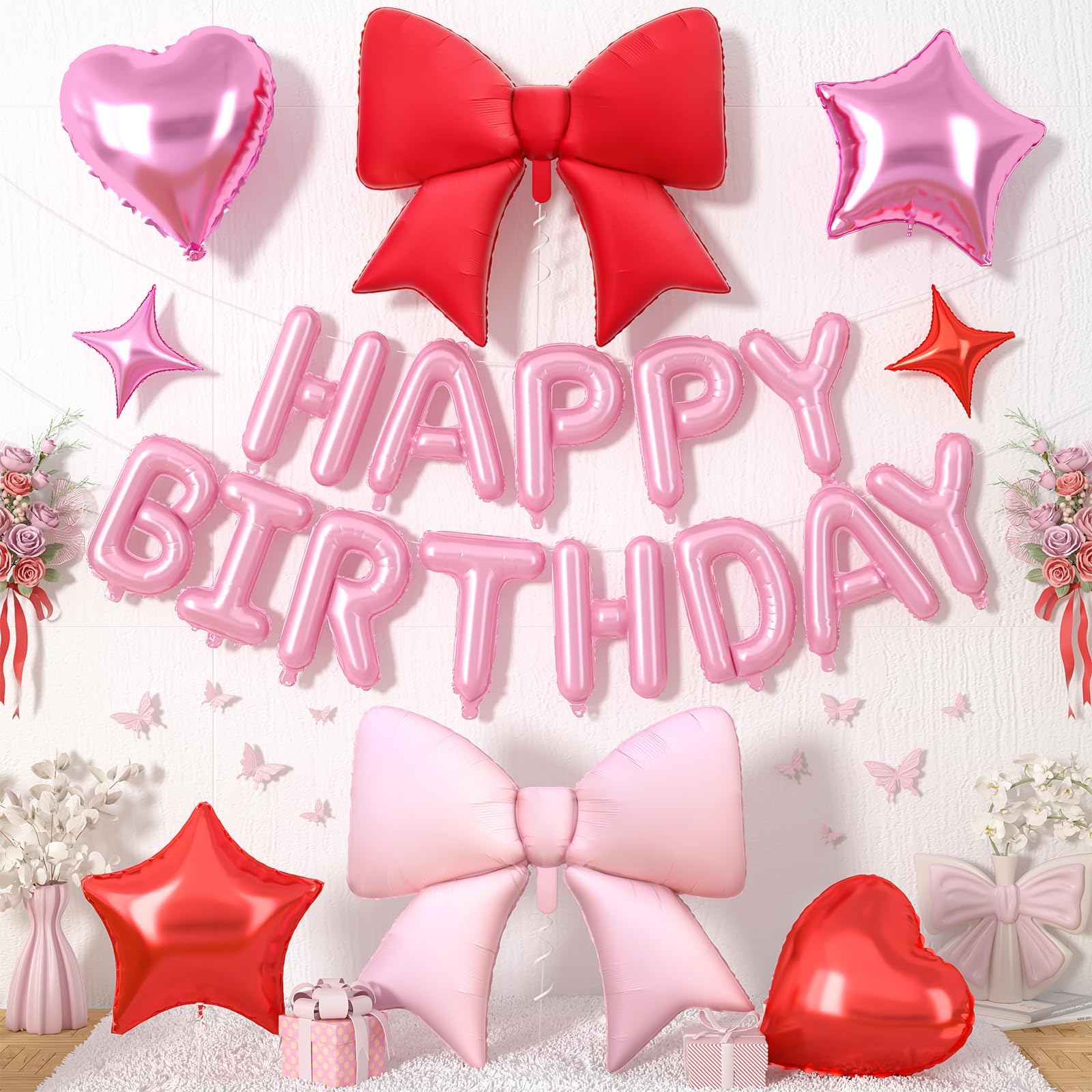 Red Pink Bow Birthday Decorations,38 Inch Helium Pink Red Bow Balloon Happy Birthday Balloons Banner Star Heart Foil Balloons for Women Men Party Supplies