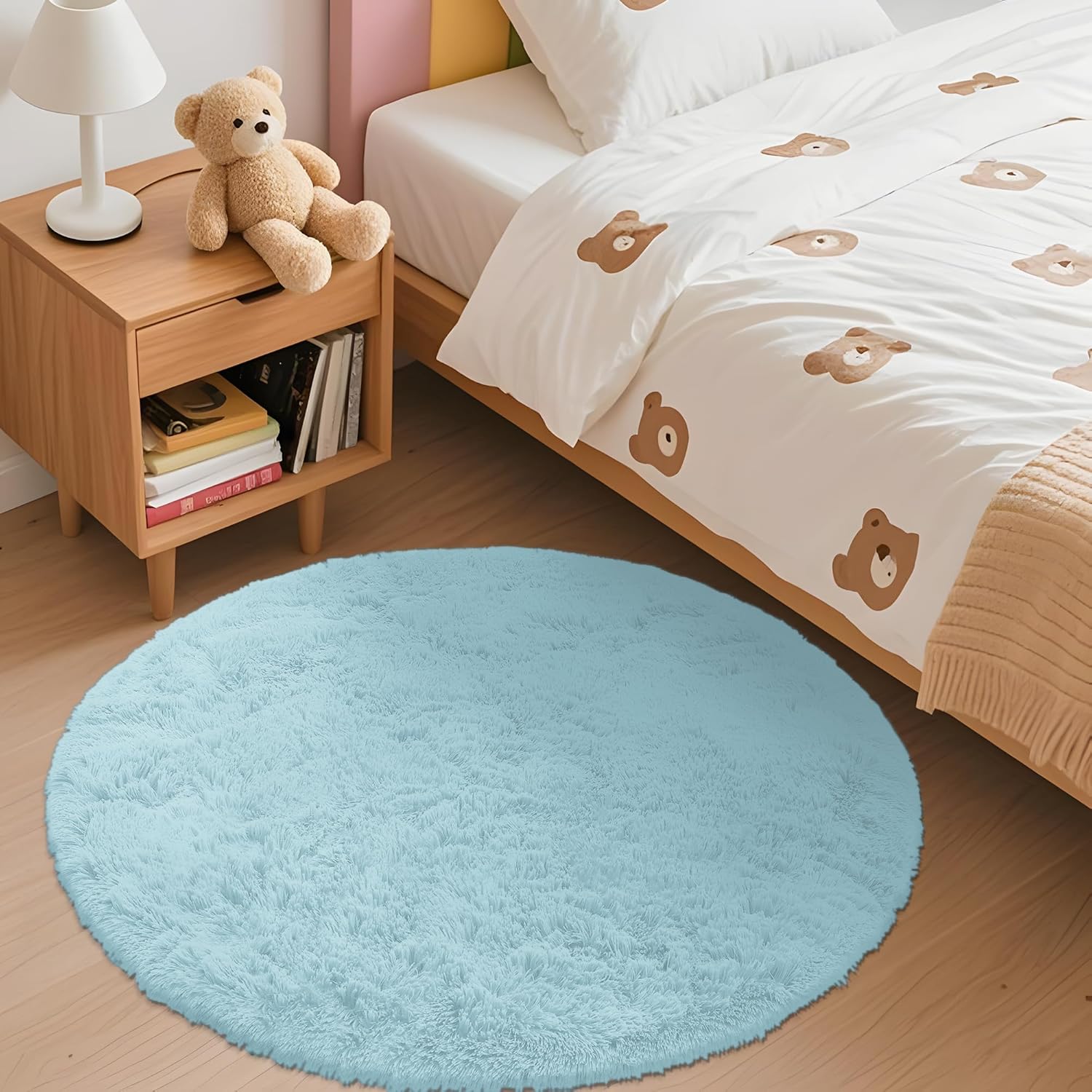 OLANLY Round Light Blue Area Rug - Soft, Fluffy, Machine Washable 3 ft Circle Carpet for Bedroom & Nursery Decor