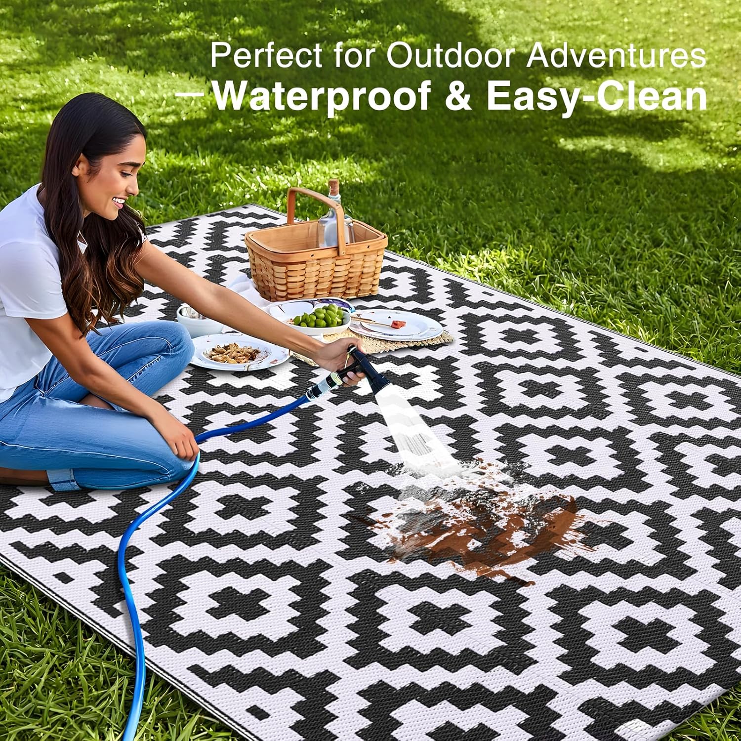 OLANLY Waterproof Outdoor Rug - Versatile 5x8 ft Plastic Straw Mat for Camping & Patio | Black & White