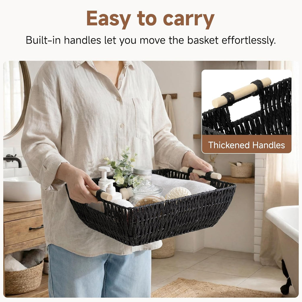 StorageWorks Large Wicker Storage Baskets - Stylish Organizing Solution with Wooden Handles | Black, 2-Pack