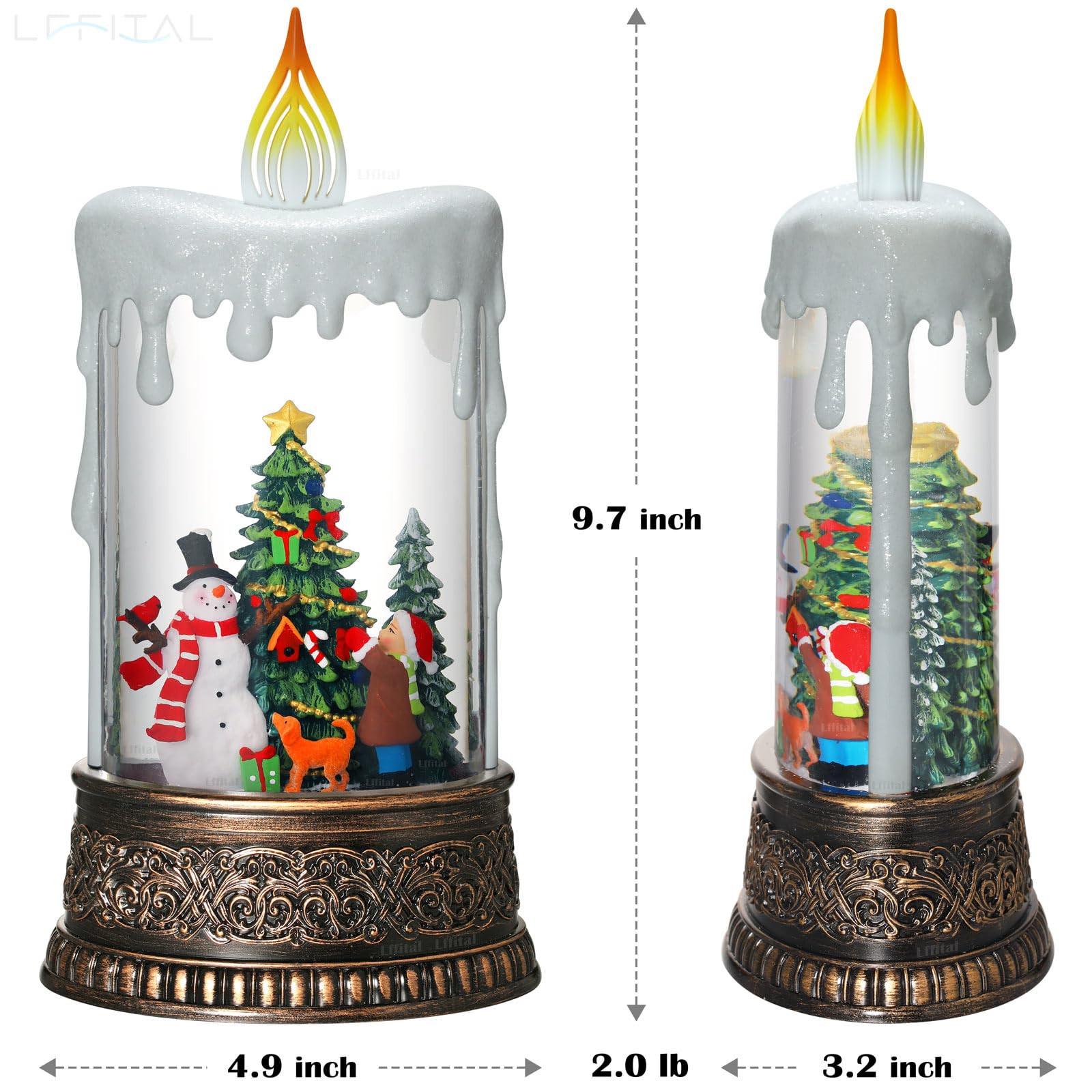 Lffital Snowman Christmas Snow Globe Lantern, Lighted Christmas Decorations for Home Candle Shaped Snow Lantern with Music Timer Glittering, Home Decor Festival Gife, USB & Battery Operated