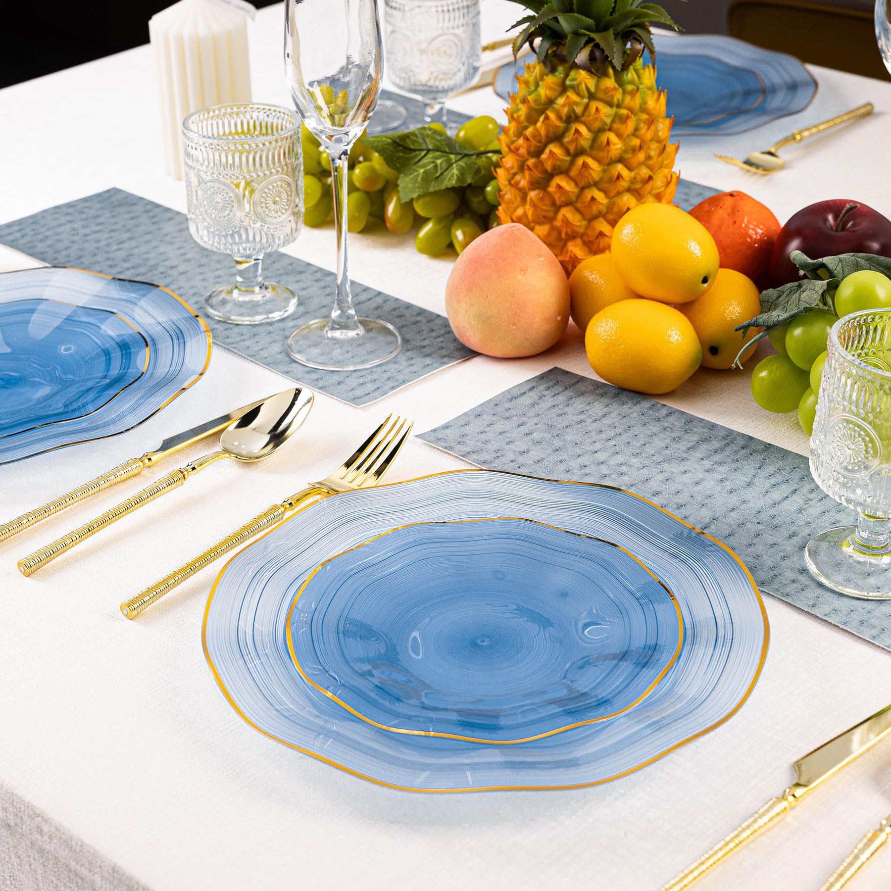 Pryntono 120PCS Blue Plastic Plates with Gold Rim, Heavy Duty Disposable Plates, Elegant and Fancy 60 Dinner and 60 Dessert Plates for Party and Wedding