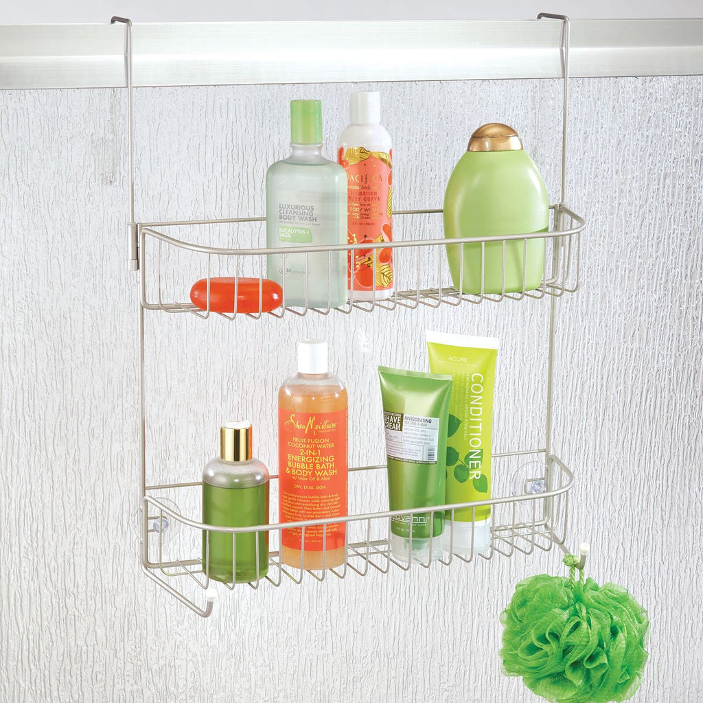 mDesign Extra Wide Metal Wire Over the Bathroom Shower Door Caddy, Hanging Storage Organizer with Built-In Hooks and Baskets on 2 Levels for Shampoo, Body Wash, Loofahs, Rust Resistant - Satin