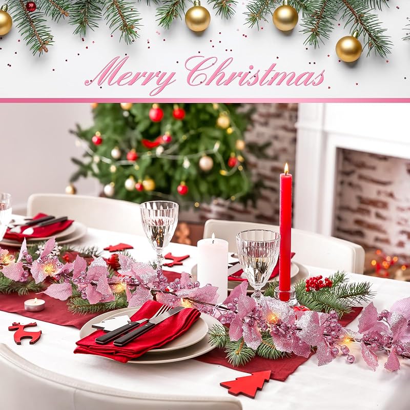 6ft Christmas Glitter Berry Garland with Lights - Pink Holly Leaves Decor