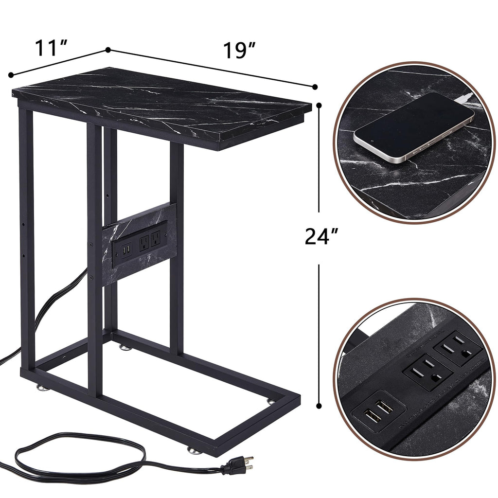 VECELO C-Shaped End Side Table with Charging Station & 2 USB Ports and Outlets for Living Room, Bedroom, with Adjustable Feet for Couch Sofa, Bedside, Small Spaces， Black Marble