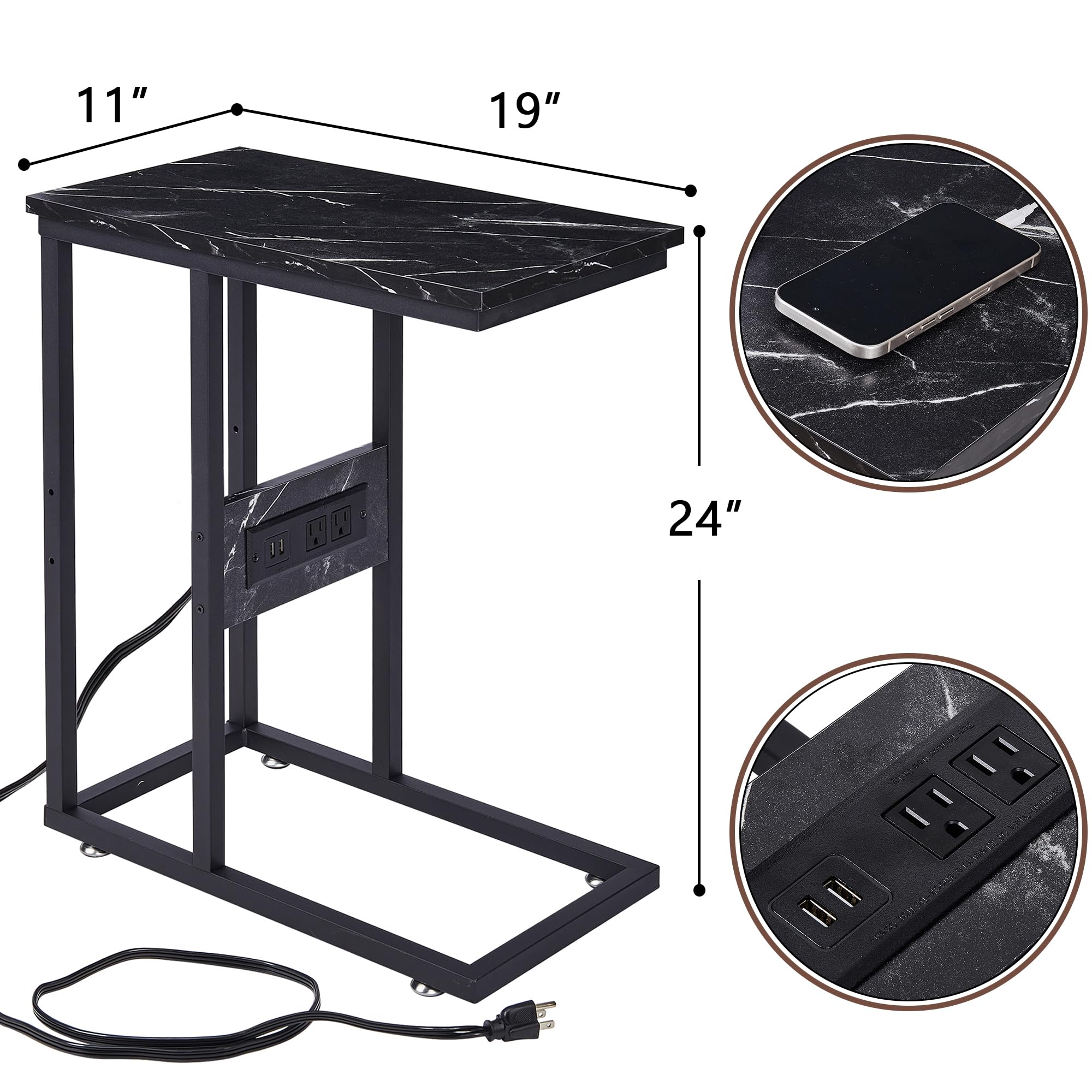 VECELO C-Shaped End Side Table with Charging Station & 2 USB Ports and Outlets for Living Room, Bedroom, with Adjustable Feet for Couch Sofa, Bedside, Small Spaces， Black Marble