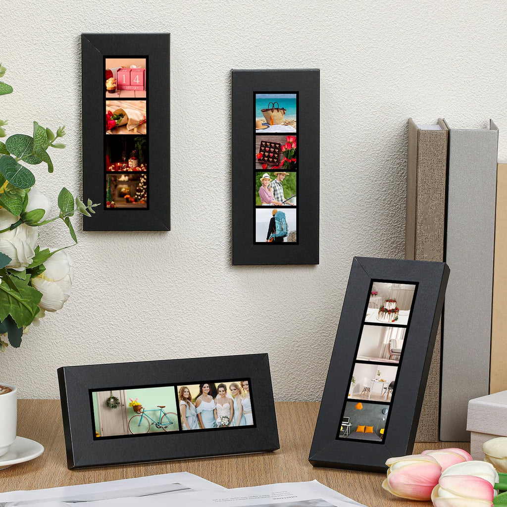 Briwooody 4 Pack Photo Booth Frames 2x6 Photo Strip Frame with Stand Wooden Wall and Tabletop Display Film Picture Holder with Clear Glass for Wedding Grad Baby Shower Picture Booth(Black)