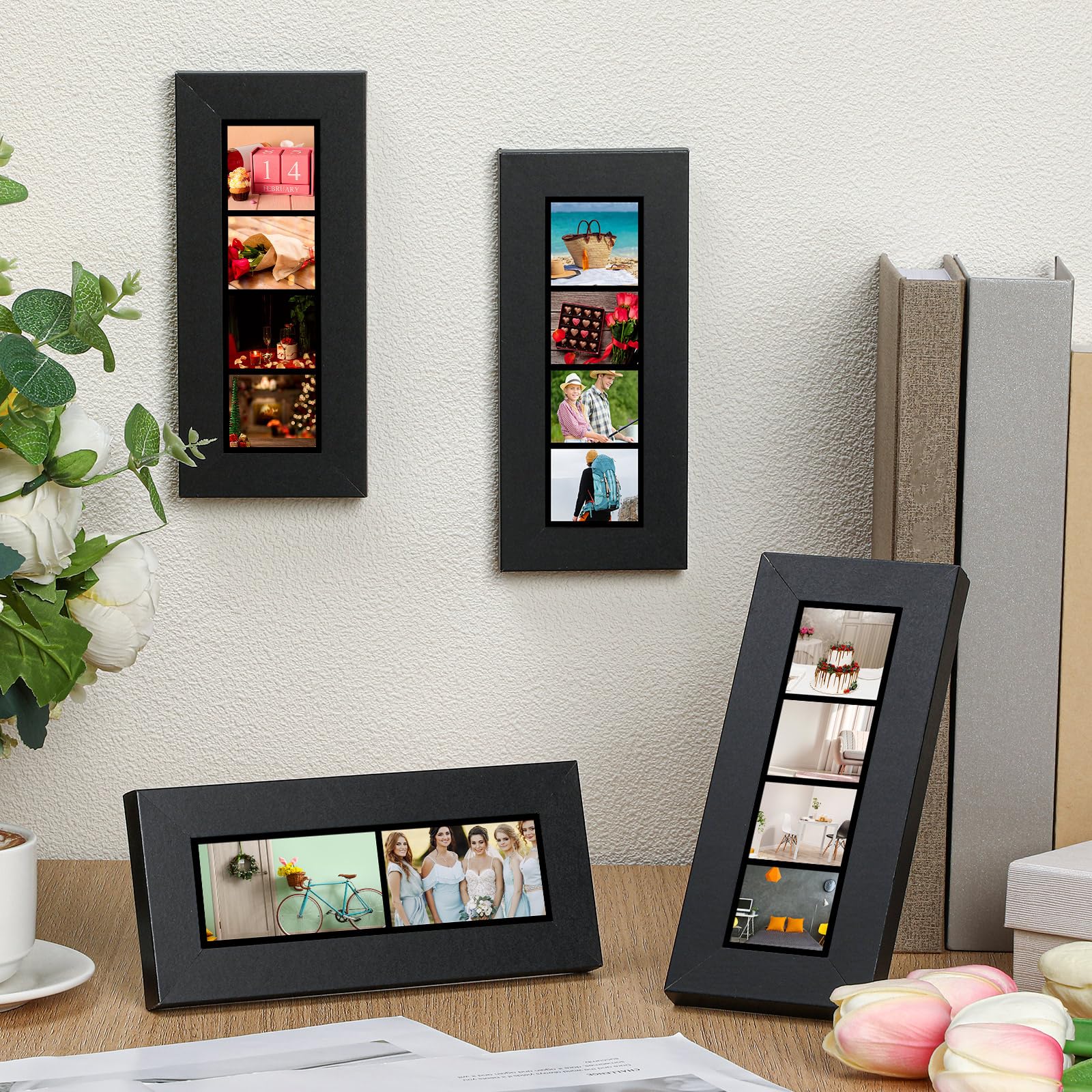 Briwooody 4 Pack Photo Booth Frames 2x6 Photo Strip Frame with Stand Wooden Wall and Tabletop Display Film Picture Holder with Clear Glass for Wedding Grad Baby Shower Picture Booth(Black)