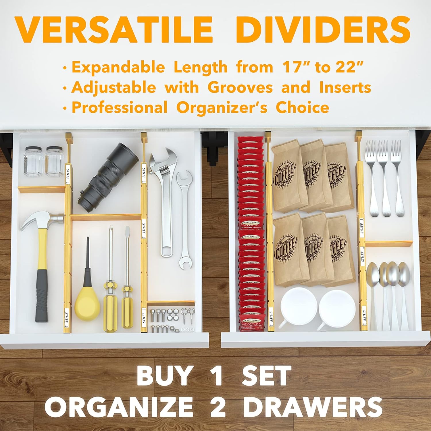 SpaceAid Bamboo Drawer Dividers - Adjustable Kitchen Organizers with Inserts & Labels | 4 Dividers (17"-22" Natural)