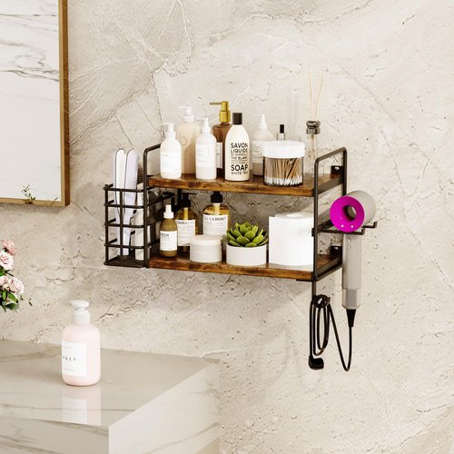 3-in-1 Wall Mounted Hair Dryer Holder with 2 Tier Shelves & Detachable Basket, Space Saving Organizer for Bathroom, Kitchen, Bedroom, Rust-Resistant, Easy Install (Rustic Brown)