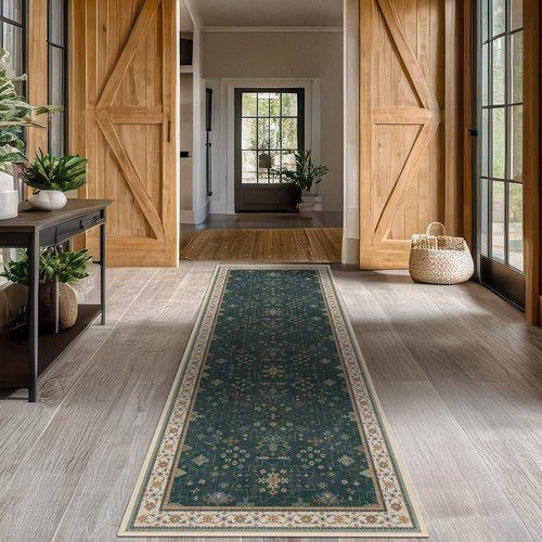 Hazo Haus Dark Green Kitchen Rug - Modern Vintage Boho Floral Design, 10 ft Washable Non-Slip Runner