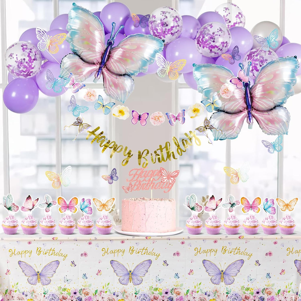 Butterfly Birthday Decorations - Purple Party Supplies with Balloons & Happy Birthday Banner