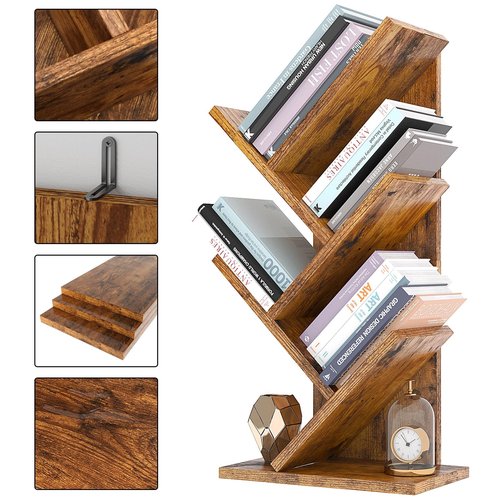 YMYNY Tree Bookshelf, 4-Tier Book Storage Organizer Shelves,Rustic Brown, HBC014H