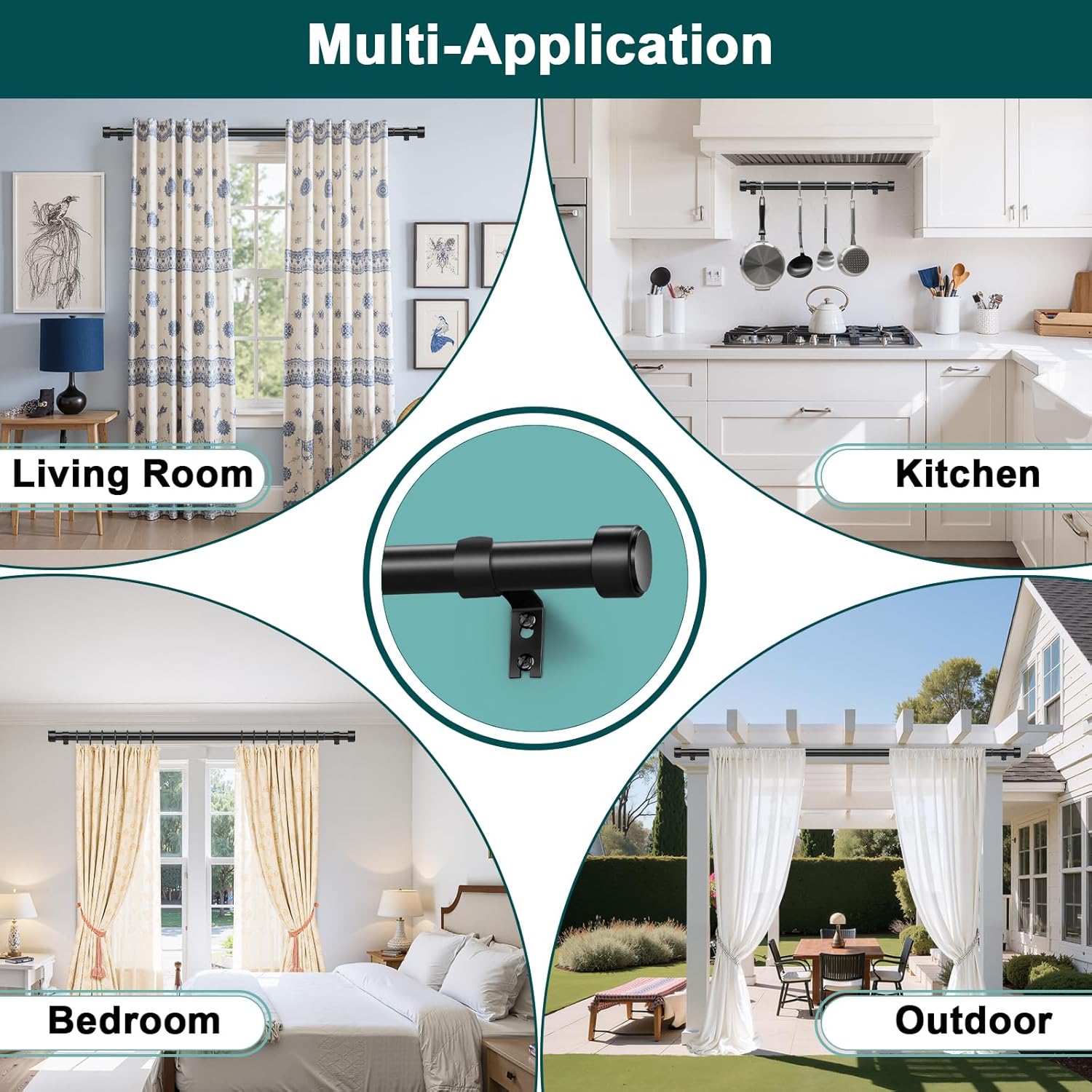 Skiennix Heavy Duty Adjustable Curtain Rod - 72-144 Inch Black Window Treatment, Modern Design