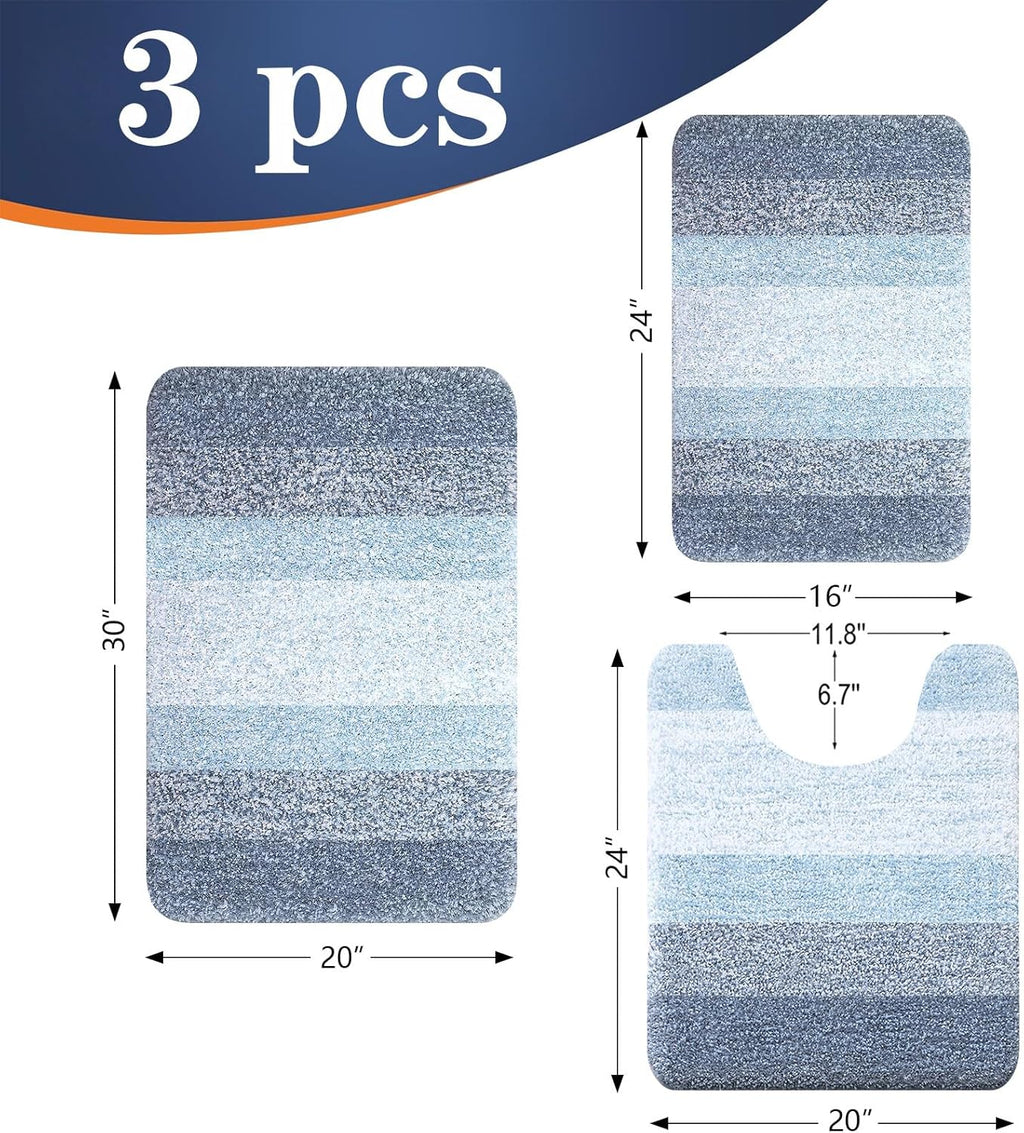 OLANLY Bathroom Rugs Set - Soft Absorbent Microfiber Mats with U-Shaped Contour Rug | 3-Piece Plush Set (Blue)