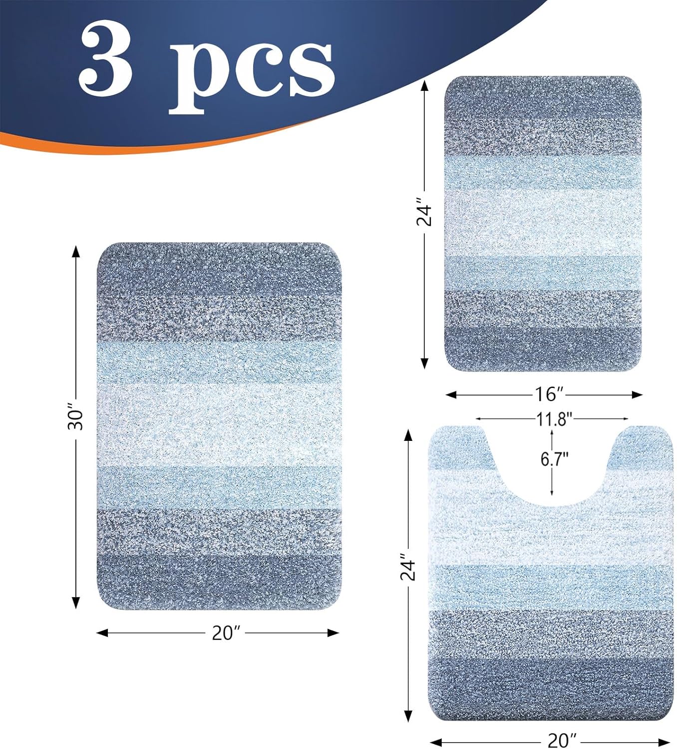 OLANLY Bathroom Rugs Set - Soft Absorbent Microfiber Mats with U-Shaped Contour Rug | 3-Piece Plush Set (Blue)