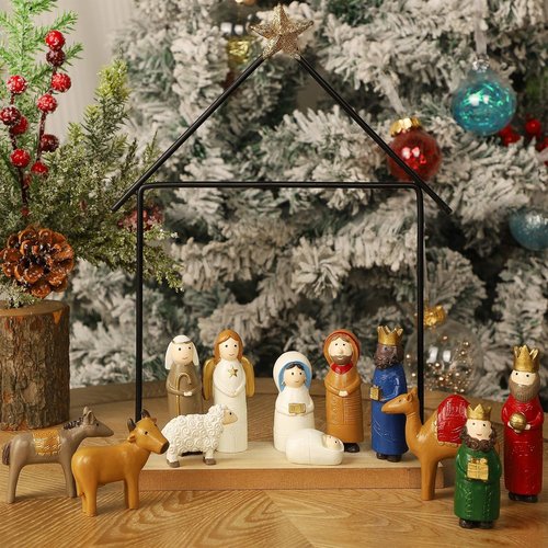 Juegoal Christmas Nativity Set - 13 Mini Resin Figurines for Holiday Decor | Religious Table Ornaments