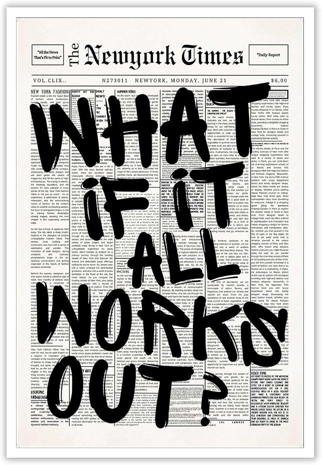 Retro Black And White Newspaper Poster - Positive Affirming Quote Canvas Wall Art | Minimalist Home Decor 12x16in Unframed