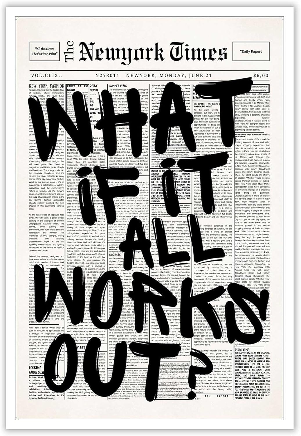 Retro Black And White Newspaper Poster - Positive Affirming Quote Canvas Wall Art | Minimalist Home Decor 12x16in Unframed