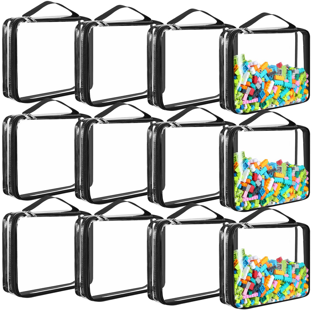 Sanwuta 12 Pcs Extra Large Toy Storage Bags 12.6 x 9 x 2.36 Inch Waterproof Toy Bags with Zipper Clear PVC Puzzles Organizing Container for Books Board Games Building Blocks Toiletry(Black)