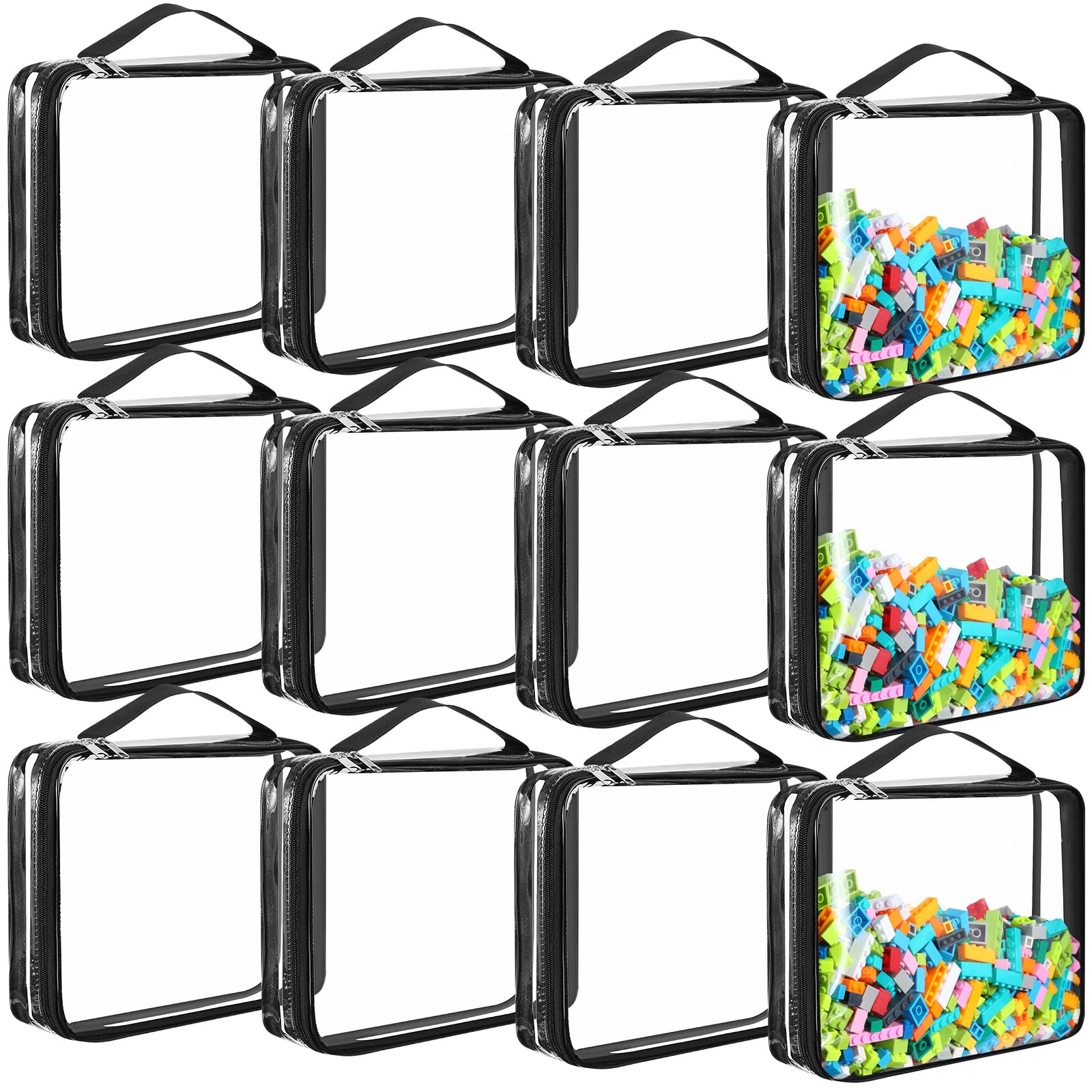 Sanwuta 12 Pcs Extra Large Toy Storage Bags 12.6 x 9 x 2.36 Inch Waterproof Toy Bags with Zipper Clear PVC Puzzles Organizing Container for Books Board Games Building Blocks Toiletry(Black)