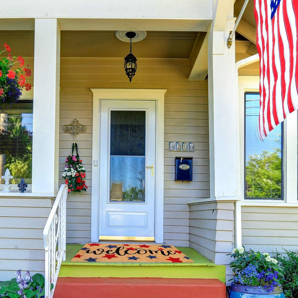 Whaline Patriotic Coir Door Mat - Non-Slip 4th of July Welcome Mat | Red & Blue Star Design, 16.5 x 29 Inch