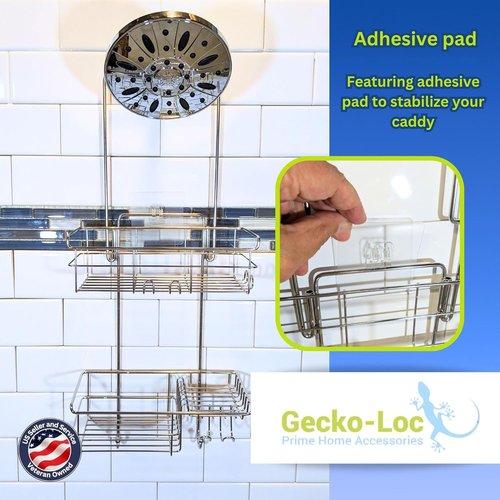 Gecko-Loc Extra-Long Adjustable Shower Caddy - Rustproof Stainless Steel Organizer with Suction Stabilizer & Hooks | No-Drill Installation (Silver)