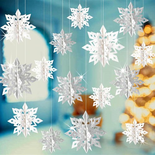 GuassLee 15-Piece 3D Glitter Snowflake Decorations - White & Silver Paper Garland for Winter Wonderland Parties