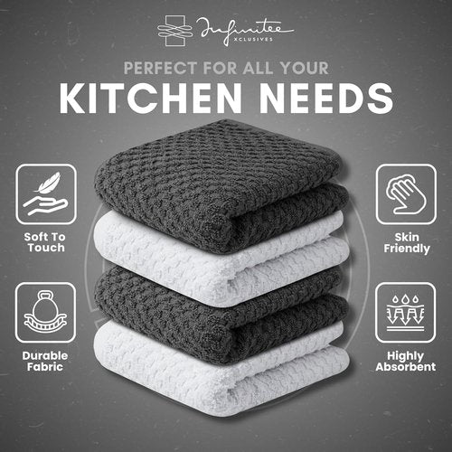 Infinitee Xclusives Premium Cotton Dish Cloths - Ultra Soft & Highly Absorbent | 12x12 Inches | Pack of 4 | Grey