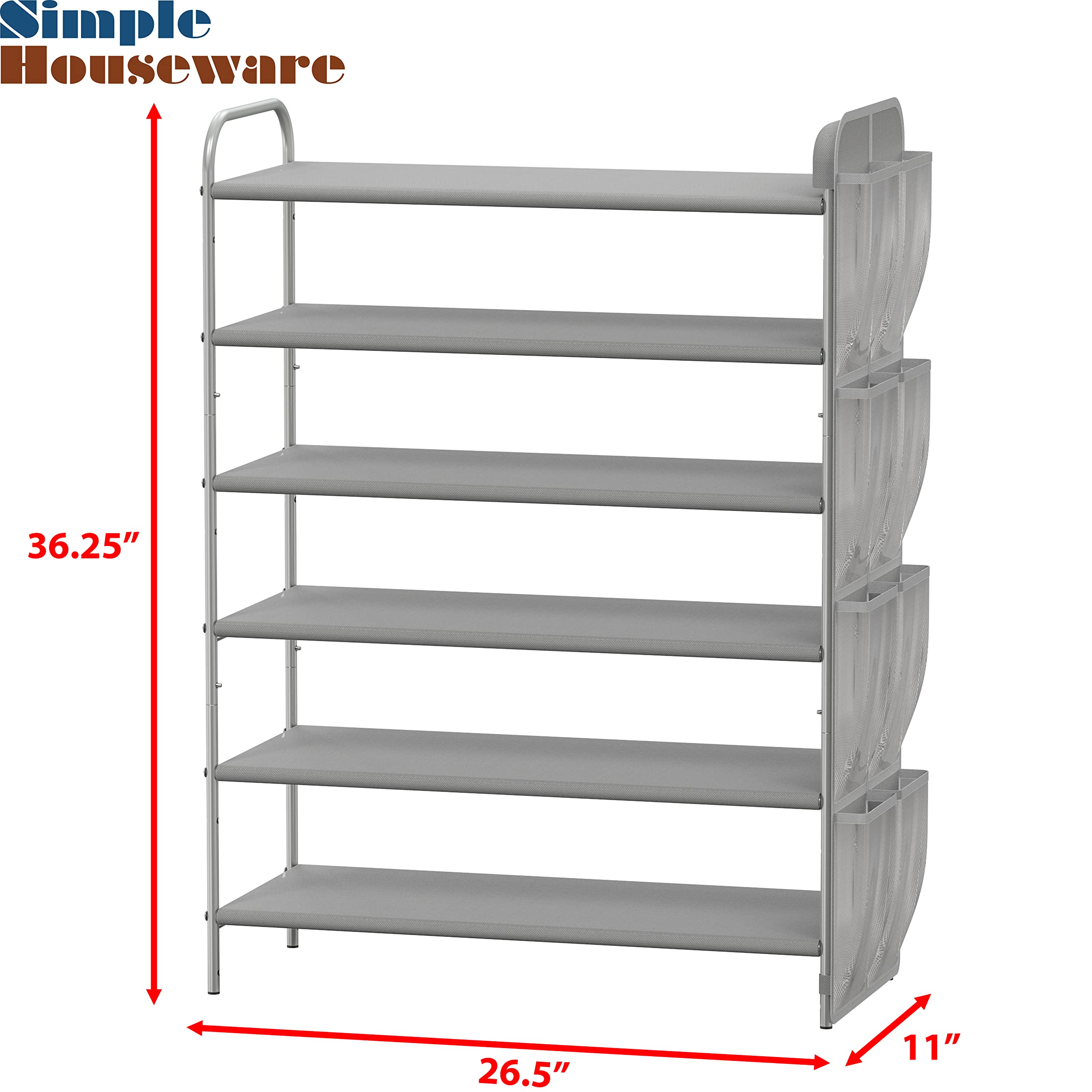 Simple Houseware 6-Tier Shoe Rack Storage Organizer w/Side Hanging Bag, Grey