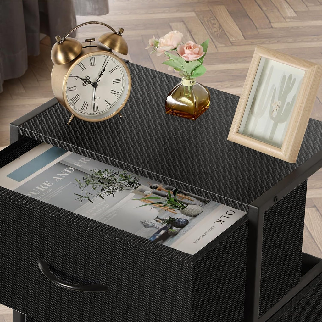MOOACE 5-Drawer Dresser - Tall Fabric Storage Unit with Wooden Top - Black Metal Frame for Bedroom & Living Room