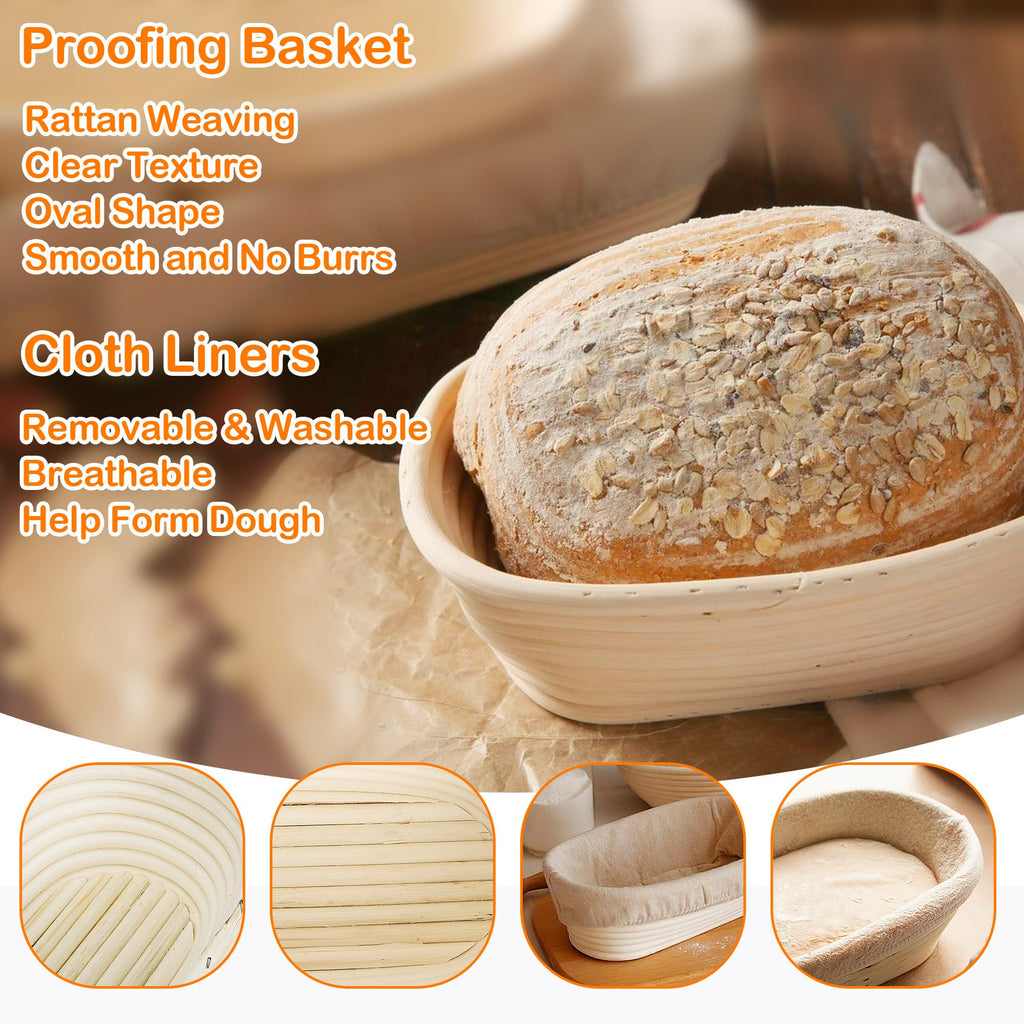KUJIBGY 10 Inch Banneton Bread Proofing Basket, Oval Sourdough Proofing Basket with Cloth Liners & Dough Scrapers Set of 10,Bulk Rattan Banneton Sourdough Bowl Basket for Home Baker Supplies